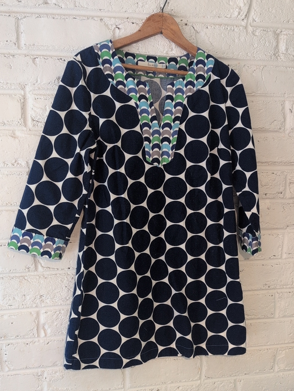 Boden Navy, White, Green and Gray Polka Dot Tunic Top